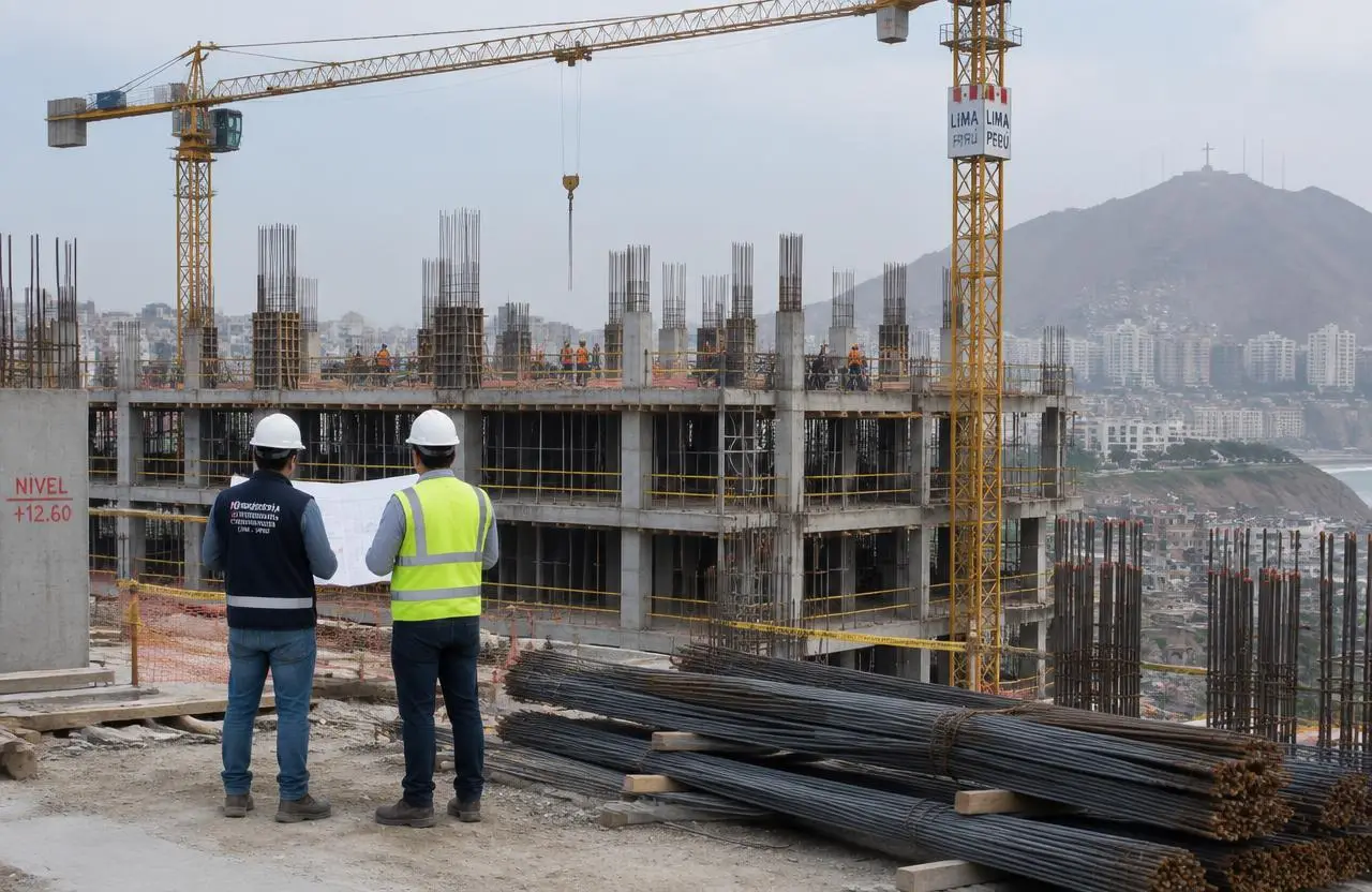 Ingenieros con casco revisando planos frente a una estructura de concreto en construcción con grúas torre