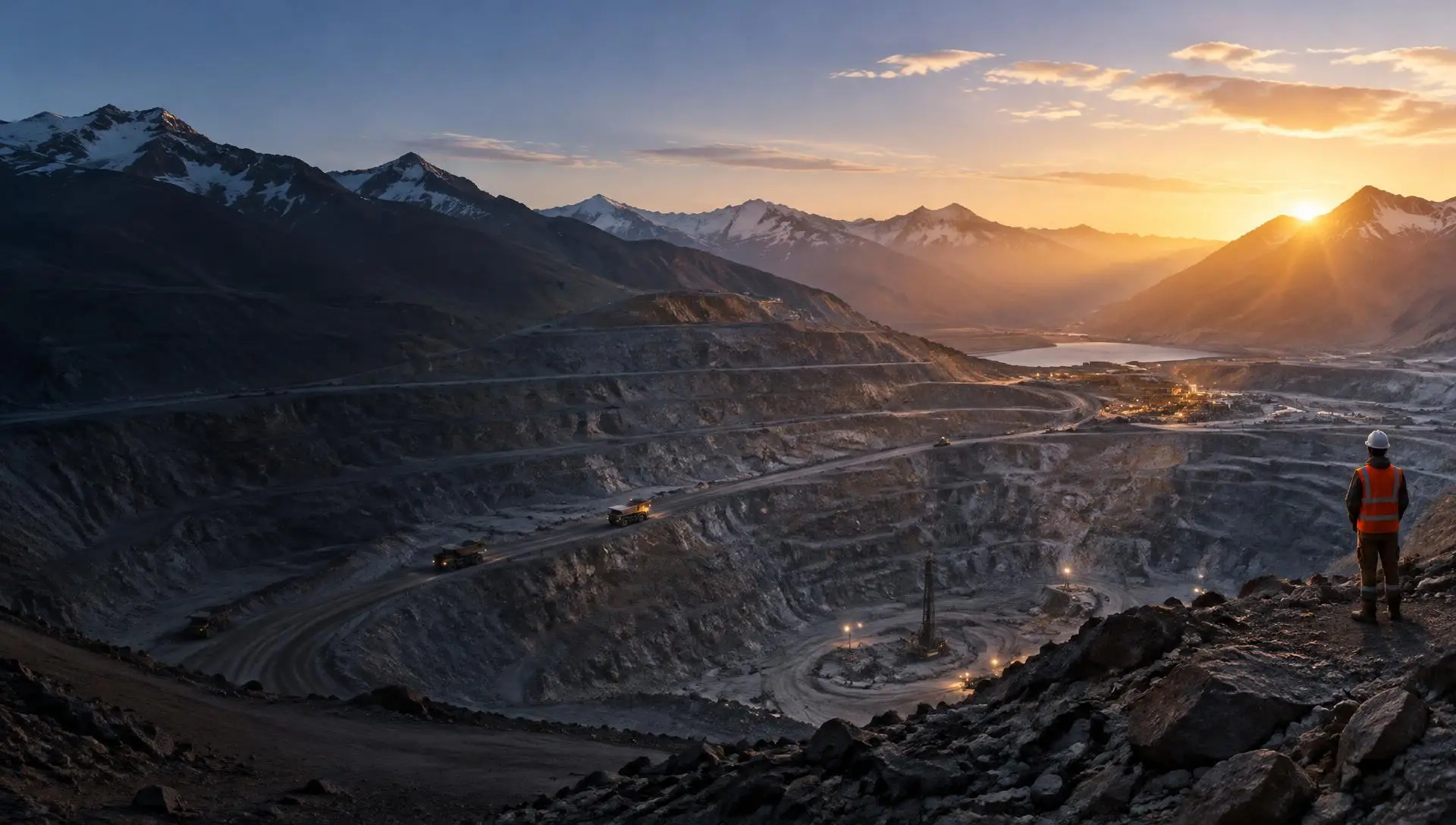 Tajo abierto de una mina en los Andes del Perú al amanecer, con camiones y un supervisor con EPP a lo lejos